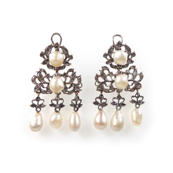 Pair of triple pearl drop and rose diamond pendant earrings